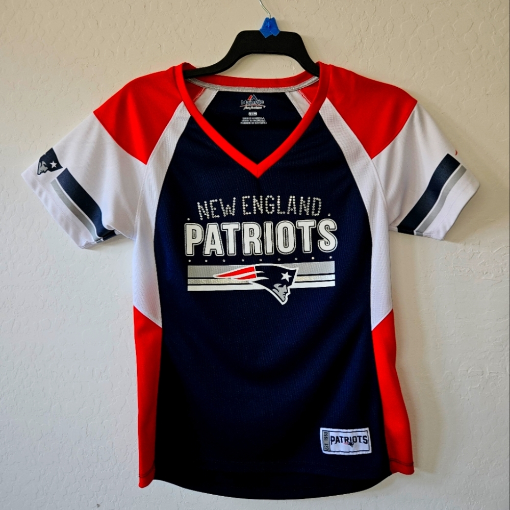 Ladies Medium New England Patriots Red and Blue Jersey With Rhinestones